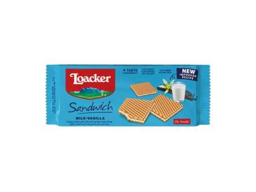 Loacker - Sandwich Milk-Vanilla - Biscotti Wafer con Cuore di Crema al Latte e Vaniglia [28 Confezioni da 75 g]