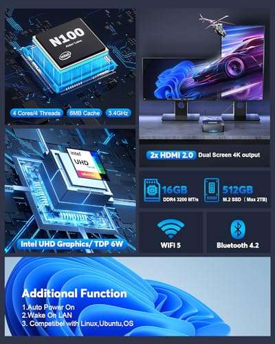 Mini PC Windows 11 Pro 12th Gen Intel Alder Lake-N100 (fino a 3,4 GHz), 16GB di RAM 512GB M.2 SSD