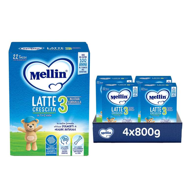 MELLIN 3 - Latte di Crescita in Polvere per Bambini - dal 1° al 2° anno -  Confezione da 3200 grammi (4 pezzi da 800g) »