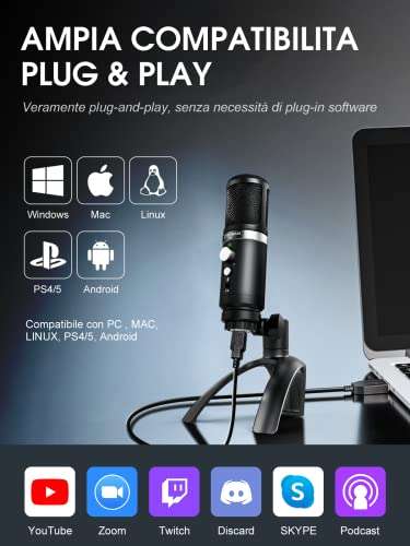 Microfono USB, Moman EM1 Mic USB PC [Condensatore Plug & Play r Treppiede]