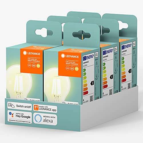 6 lampadine LEDVANCE Smart LED con Alexa e Google Assistant, sostituisce le tradizionali lampade 60W, bianco caldo (2700K),